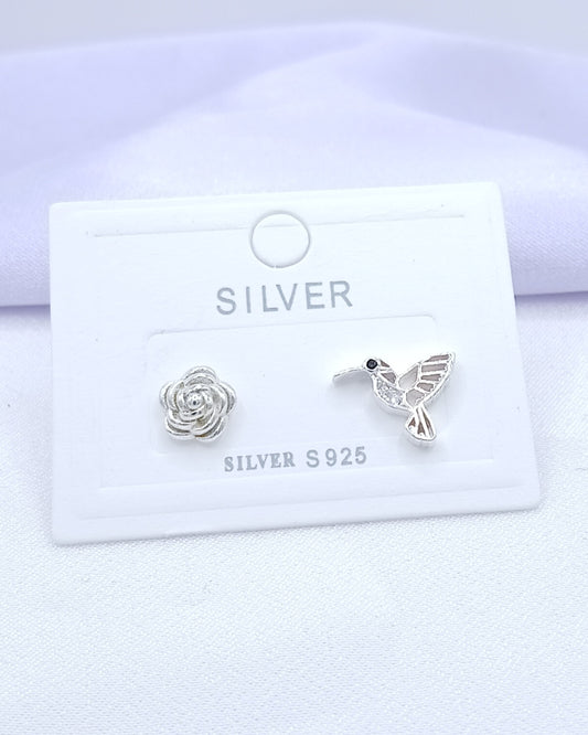Aretes asimétricos colibri y flor